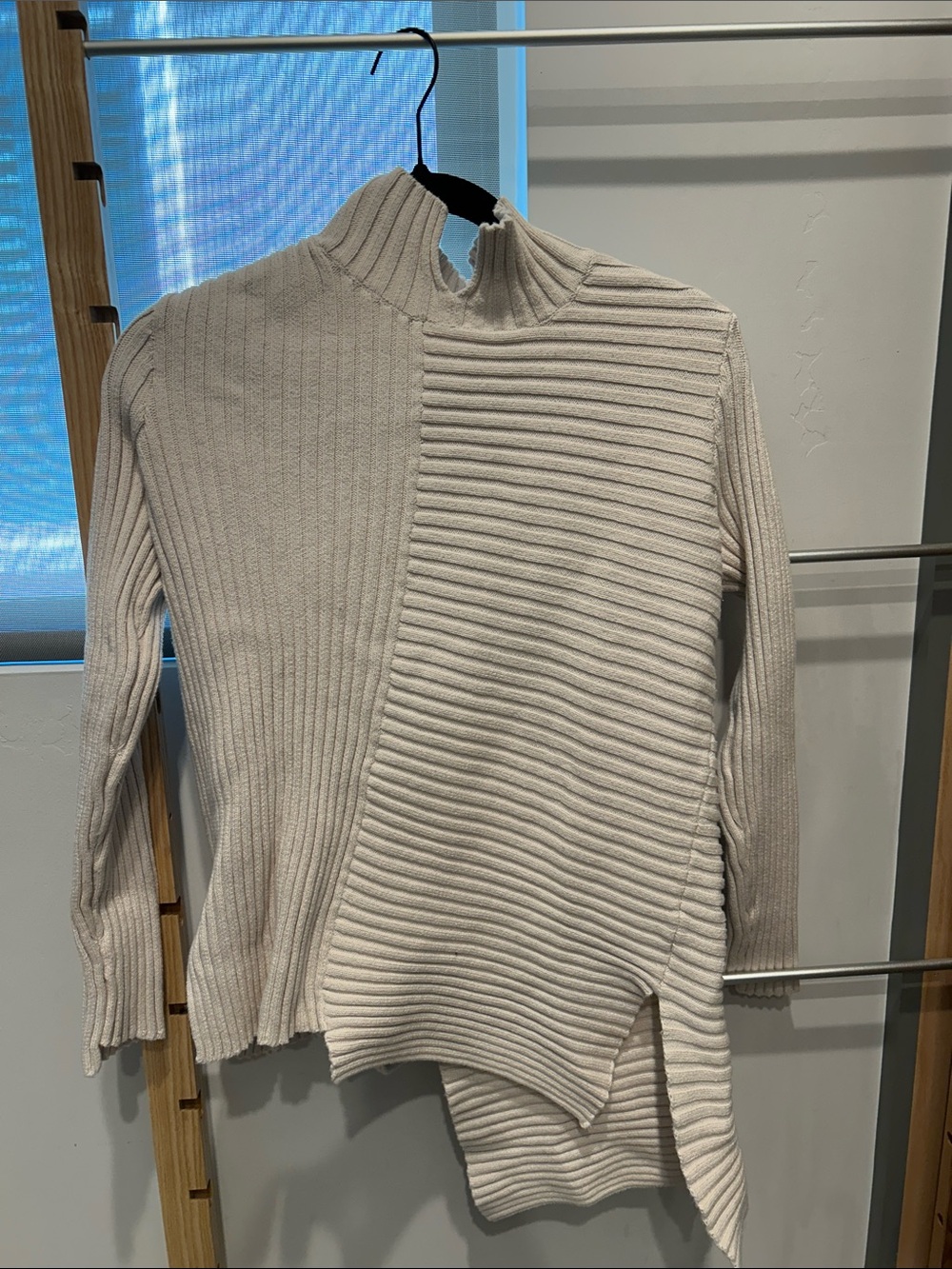 CAbi Two‑Texture Cream Ribbed Mock Neck Sweater